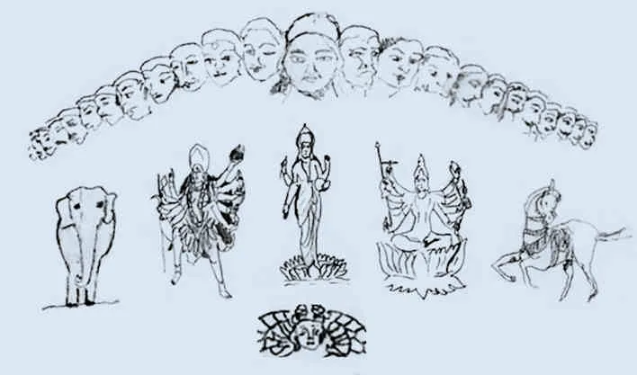 A line drawing of an arc of faces above three goddesses, between an elephant and a horse